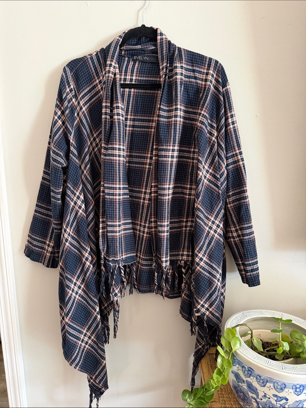 Evelyn Kay Navy Plaid Open-Front Fringe Cardigan